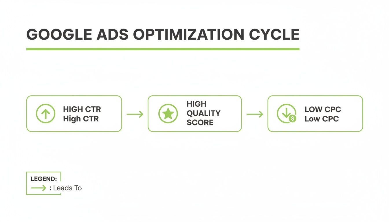 Diagramă care ilustrează ciclul de optimizare în Google Ads: CTR ridicat duce la un Quality Score ridicat, ceea ce rezultă în CPC scăzut.