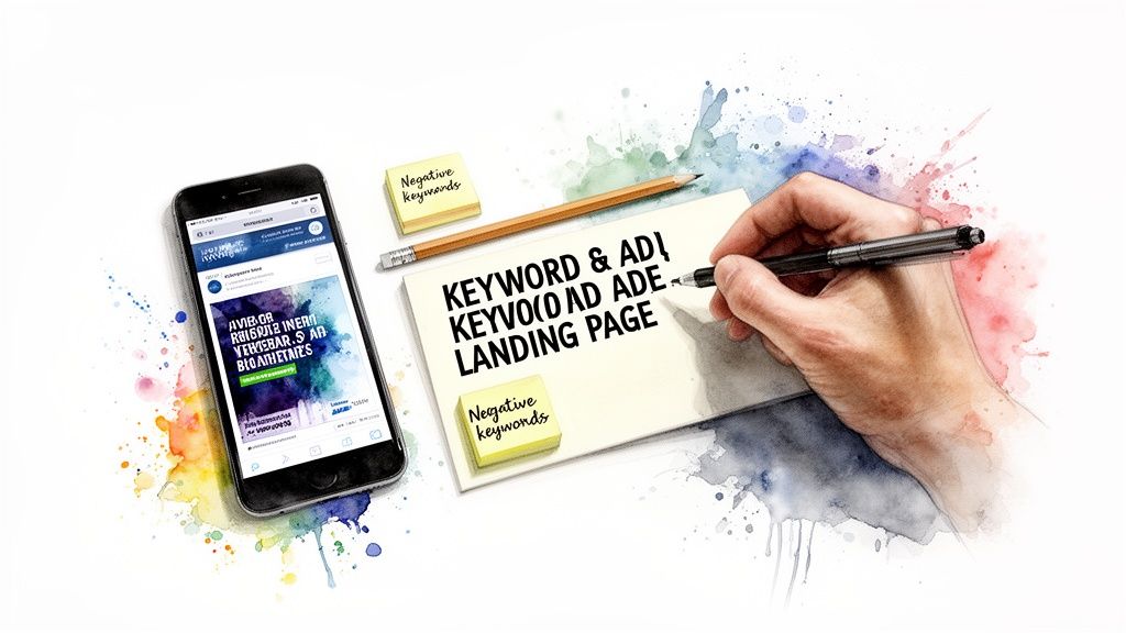 Planificare de marketing digital: mână care scrie cuvinte-cheie, reclame și notițe pentru Landing Page pe un smartphone.
