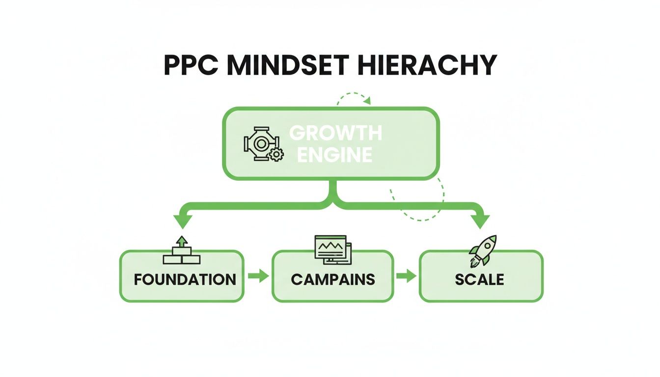 Un diagrama titulado 'Jerarquía de mentalidad PPC' que muestra 'Motor de crecimiento' como base de 'Fundación', 'Campañas' y 'Escala'.