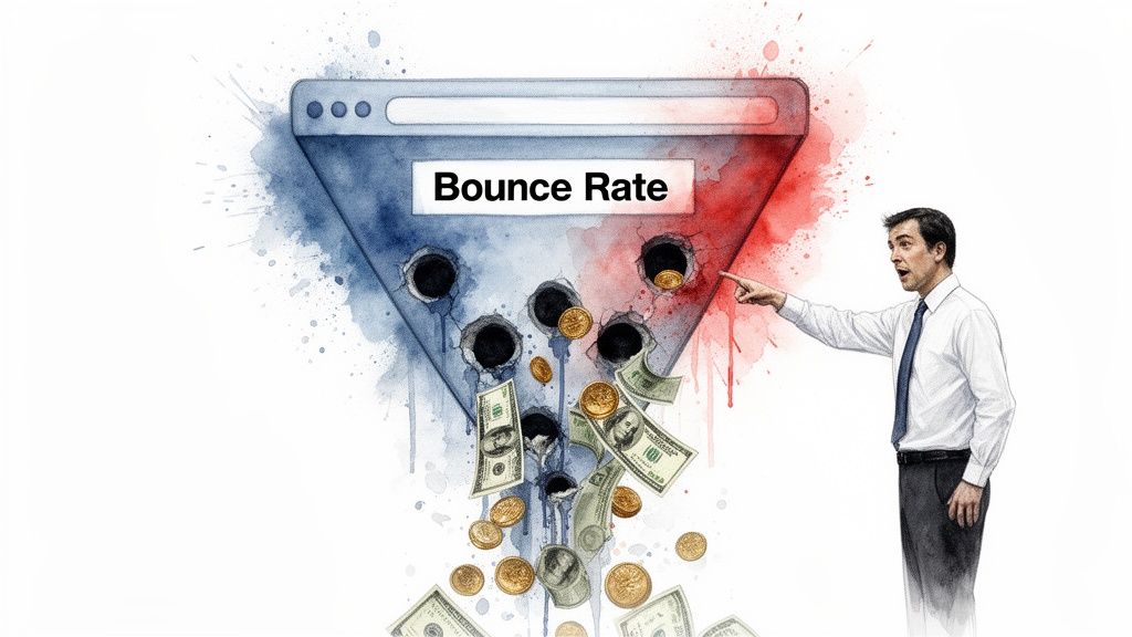 Un bărbat indică bani care cad dintr-o pâlnie în formă de browser etichetată 'Bounce Rate', ilustrând venituri pierdute.