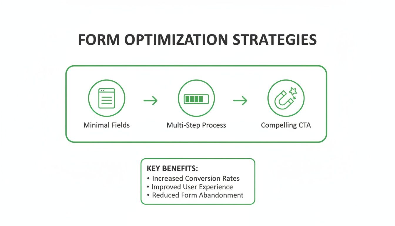 Infografie care ilustrează strategii de optimizare a formularului, inclusiv câmpuri minime, procese multi-step și CTA-uri convingătoare.