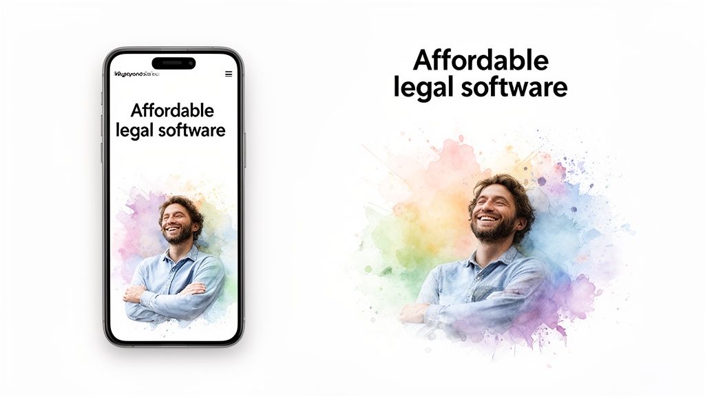 Telefon mobil care afișează un website de software legal accesibil pentru mobile, cu un bărbat zâmbitor în artă tip acuarelă.