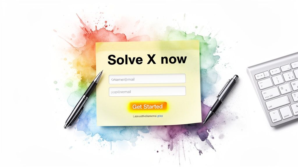 Visual coloré d’un formulaire d’inscription digital sur un post-it, avec des stylos et un clavier.