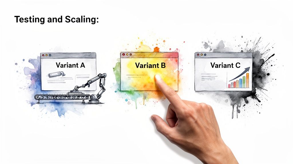 Représentation visuelle de tests A/B et de la montée en échelle avec trois variantes du navigateur web.