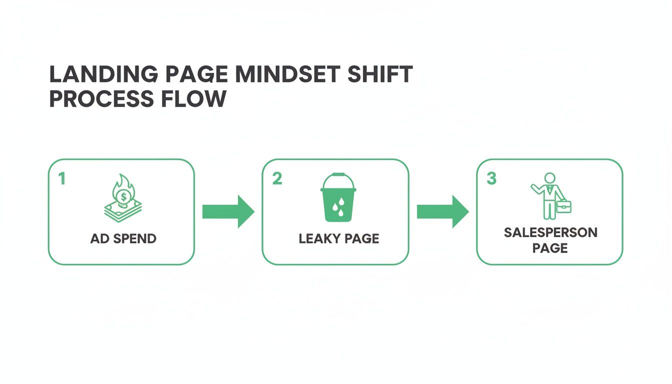Schéma illustrant le changement de posture mentale de la Landing Page, de la dépense publicitaire vers une page qui fuit, puis vers une page de vendeur.