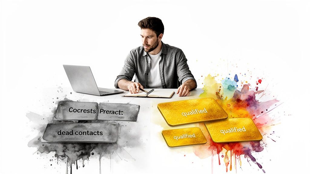 Man categorizes leads at a desk, separating dead contacts from qualified prospects with vibrant color.