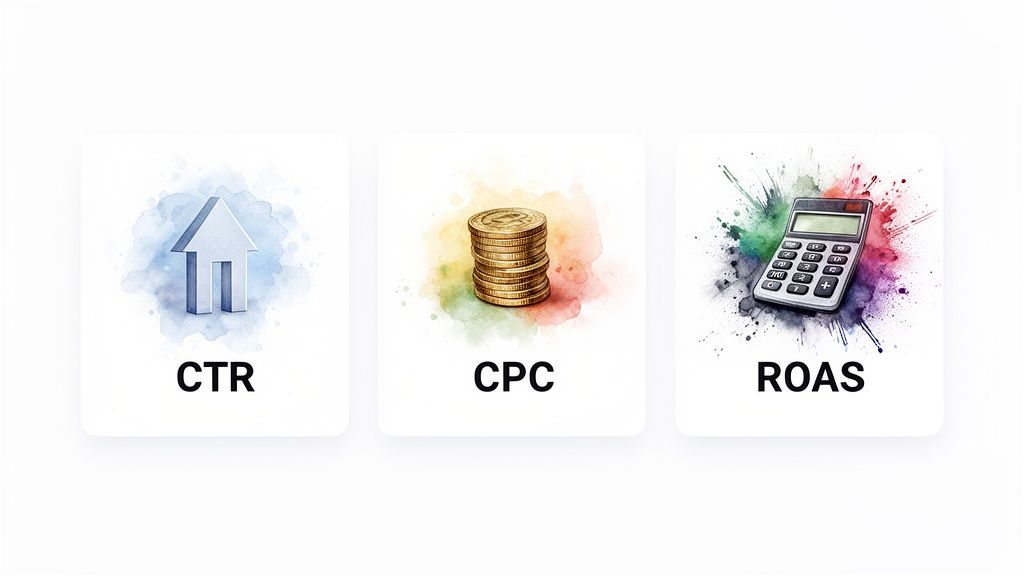 Cartes avec des icônes représentant des indicateurs clés de marketing digital : CTR (flèche), CPC (pièces) et ROAS (calculatrice).