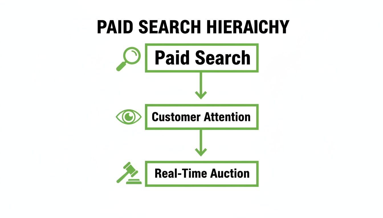 Un organigramme illustrant la hiérarchie du Paid Search : Paid Search, Customer Attention et Real-Time Auction, chacun avec une icône.