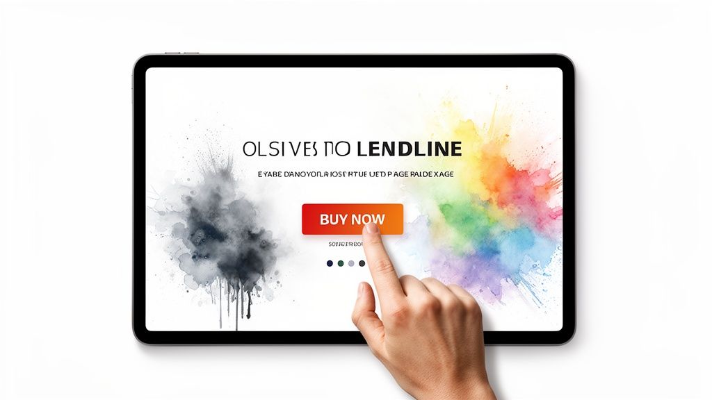 Une main appuie sur un bouton « BUY NOW » sur l’écran d’une tablette, avec un design aquarelle vibrant.