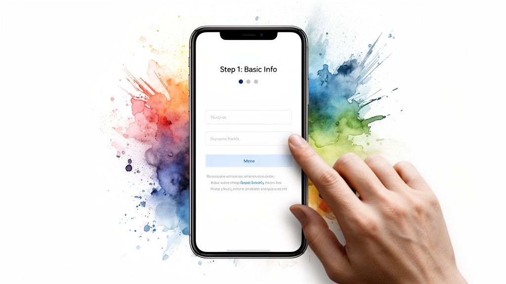 Eine Hand interagiert mit einem Smartphone, das ein Formular 'Schritt 1: Basisinformationen' anzeigt, vor einem farbenfrohen Watercolor-Hintergrund.