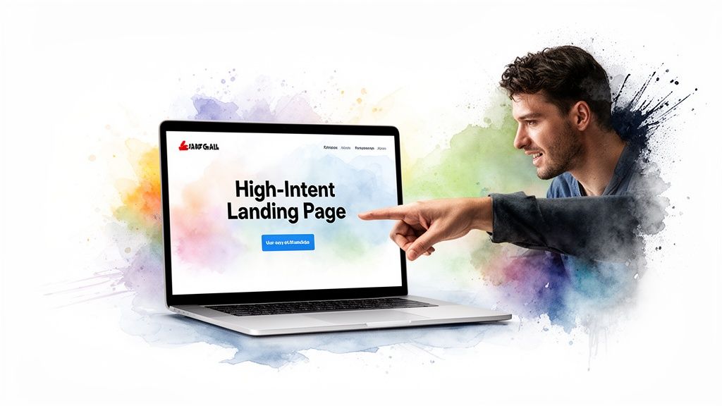 Man zeigt auf einen Laptop-Bildschirm mit einem 'High-Intent Landing Page'-Hinweis und Watercolor-Effekten.