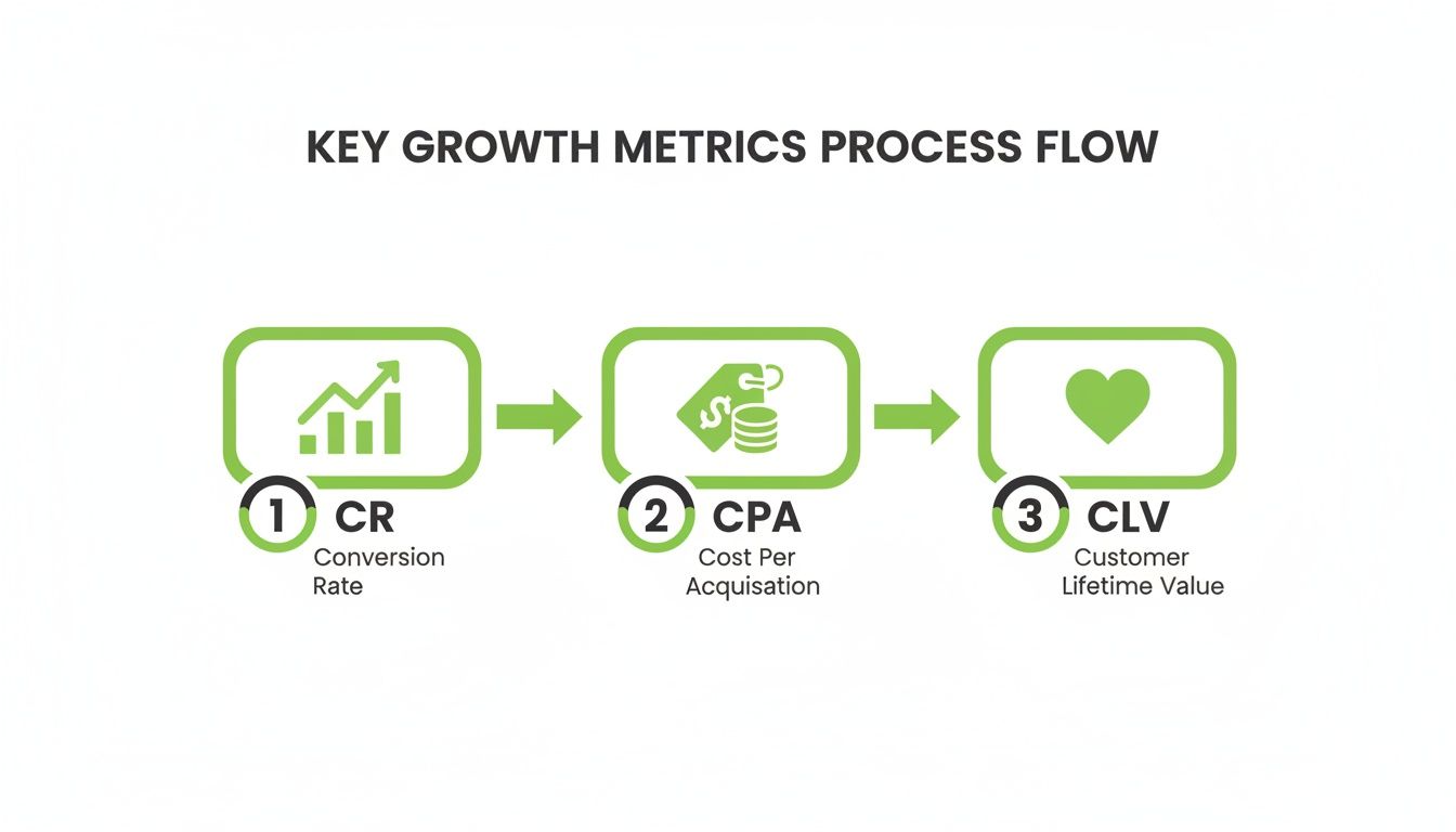 Processus des métriques de croissance clés avec les étapes : Conversion Rate, Cost Per Acquisition et Customer Lifetime Value.