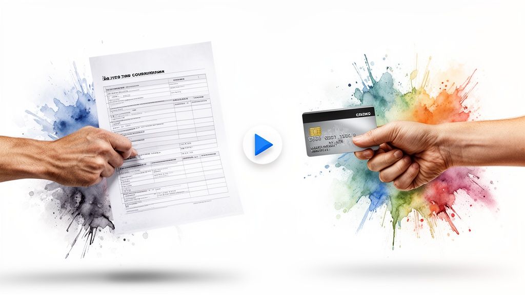 Deux mains illustrant une conversion, avec un document à gauche et une carte bancaire à droite.