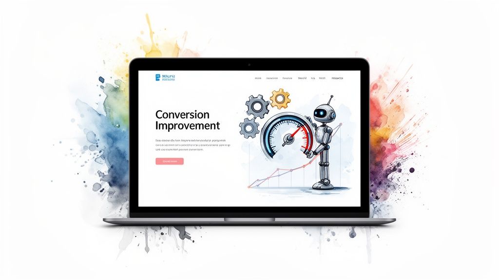 L’écran d’un ordinateur affiche un site « Conversion Improvement » avec un robot, des engrenages et un indicateur.