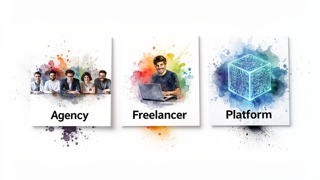 Trei carduri care ilustrează opțiunile de Agenție, Freelancer și Platformă, cu fundaluri colorate tip acuarelă.