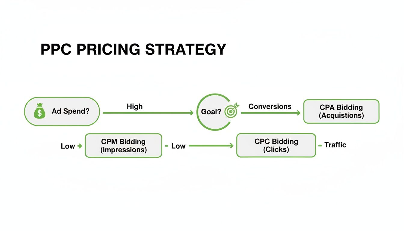 Diagramă tip flowchart care explică strategii de pricing PPC: Bugetul publicitar influențează alegerea între licitare pe CPA, CPM și CPC.