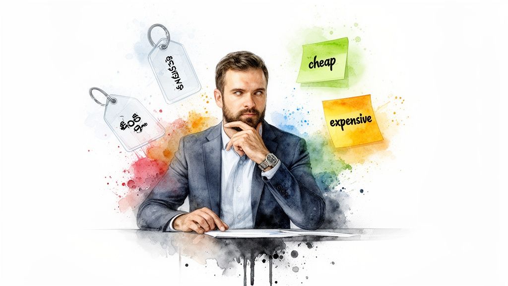 Bărbat atent în costum cântărind opțiuni ieftine vs. scumpe, înconjurat de etichete de preț.