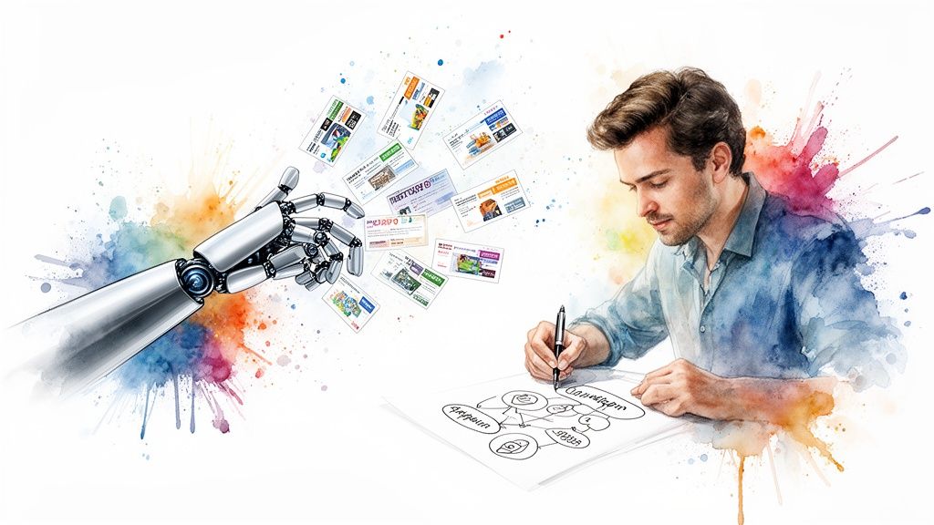 Un bras robotique et un homme dessinant un diagramme, entourés de taches de peinture aquarelle colorées et de cartes d’annonces flottantes.