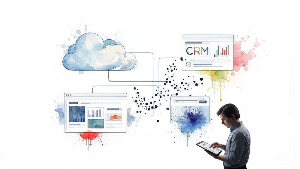 Un homme utilisant une tablette pour gérer un CRM basé sur le cloud et d’autres interfaces de données numériques, avec des accents aquarelle.
