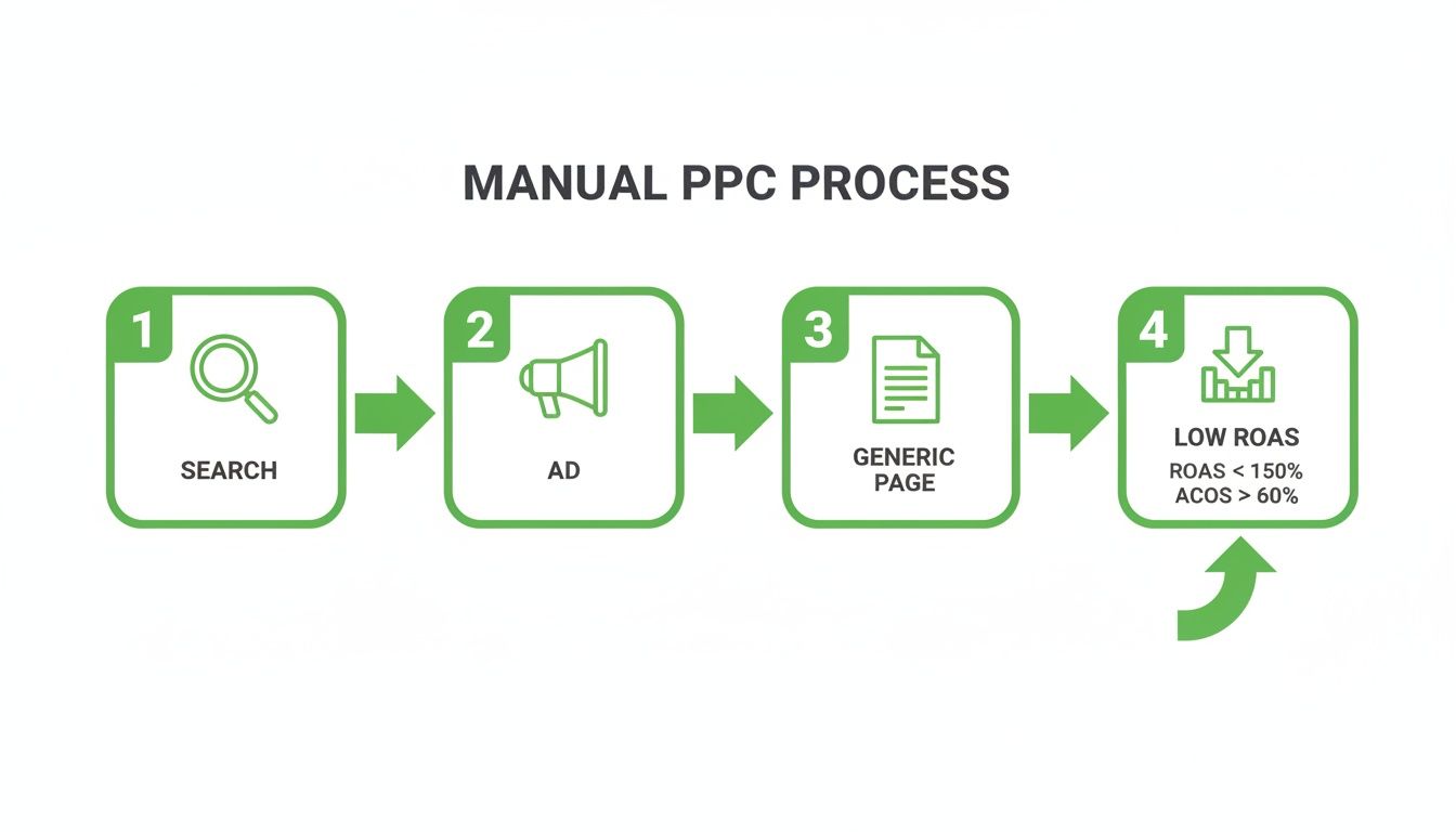 Flowchart illustrant un processus de PPC manuel : recherche, annonce, page générique, menant à des problèmes de faible ROAS.