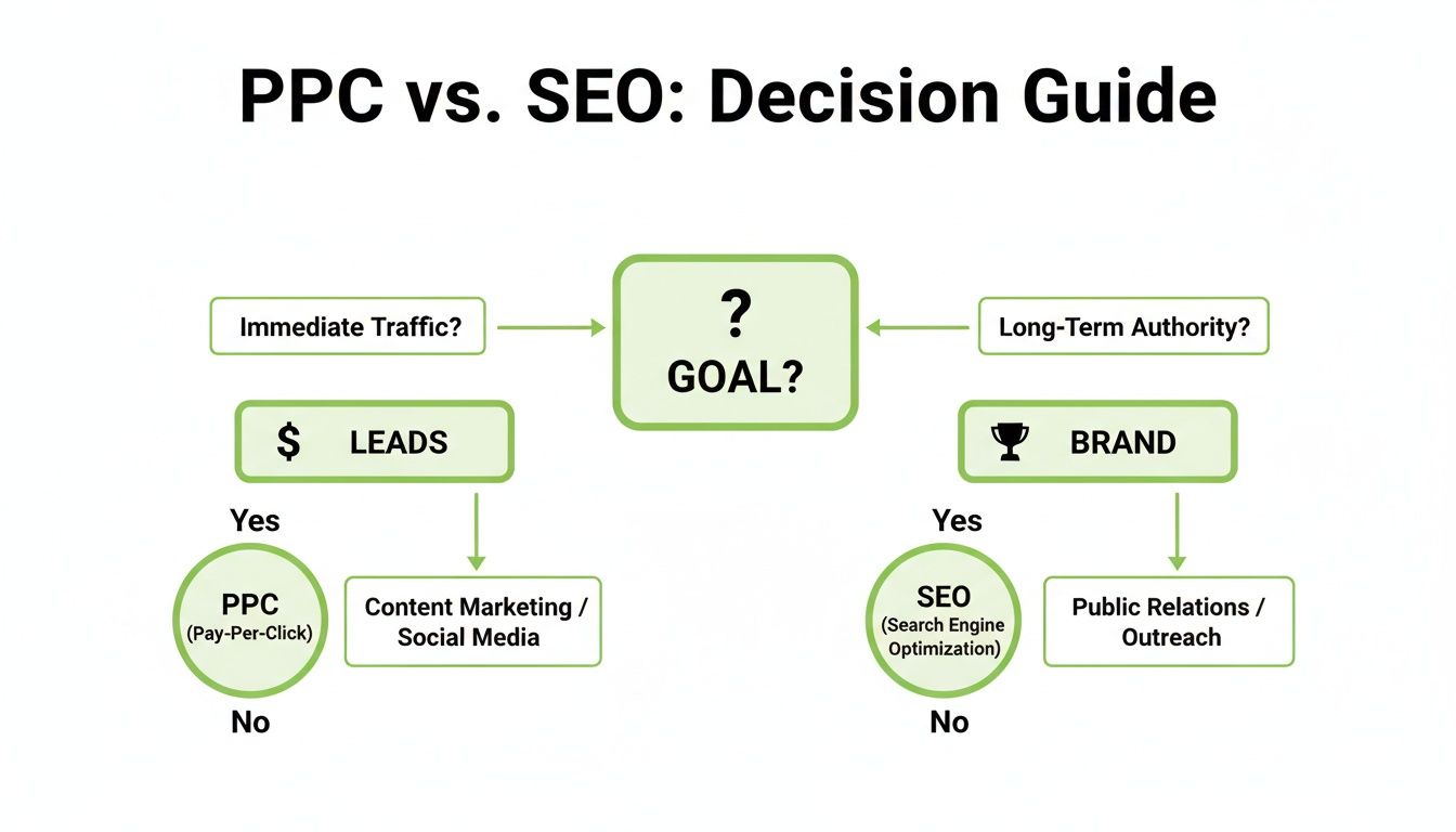 Organigramme guide de décision comparant PPC vs SEO selon des objectifs marketing comme trafic immédiat ou autorité à long terme.