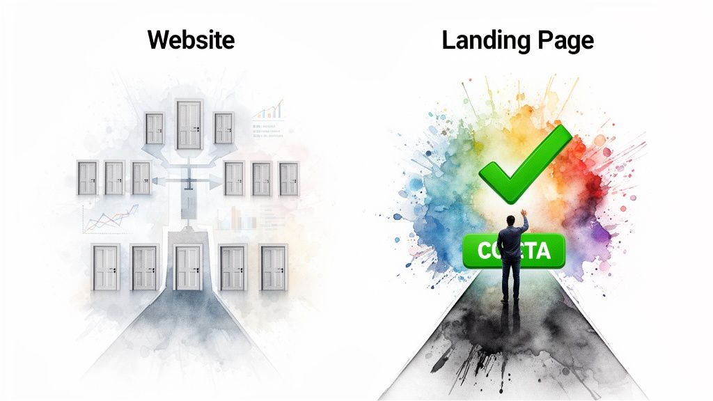 Comparaison d’un site web complexe à plusieurs portes versus une landing page focalisée avec un seul appel à l’action.