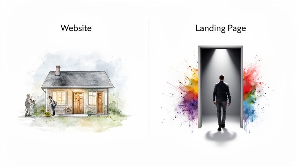 Illustration comparant une maison à plusieurs pièces représentant un site web à un homme entrant dans l’entrée d’une landing page ciblée.