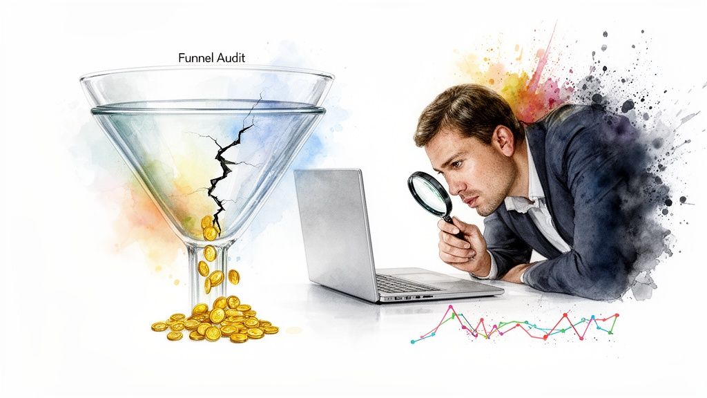 Geschäftsmann untersucht eine defekte Marketing-Funnel, verliert Geld und analysiert Daten auf einem Laptop.