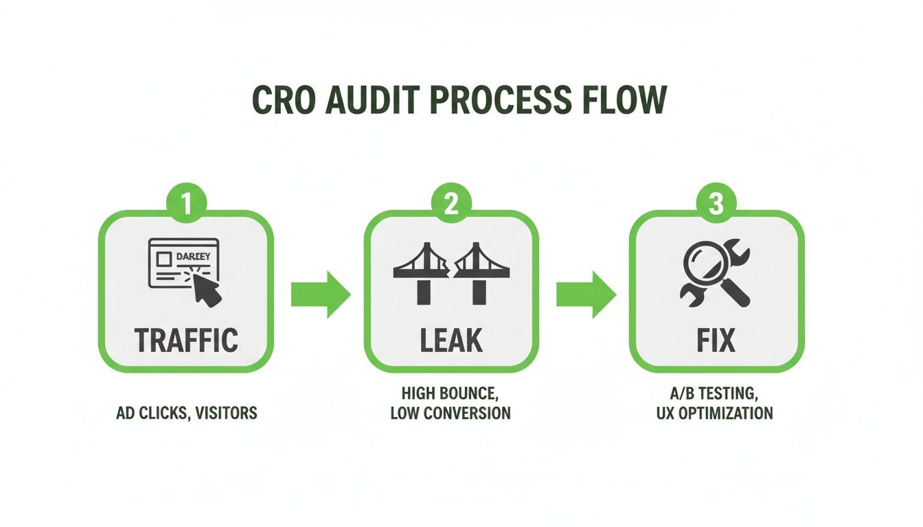 Flussdiagramm, das den dreistufigen CRO-Audit-Prozess zeigt: Traffic-Analyse, Identifikation von Lecks und Umsetzung von Fixes.