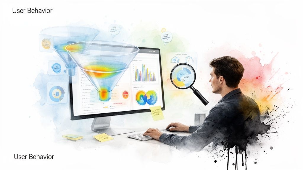Mann analysiert Daten zum User Behavior mit Conversion Funnels und Charts auf einem Computer.