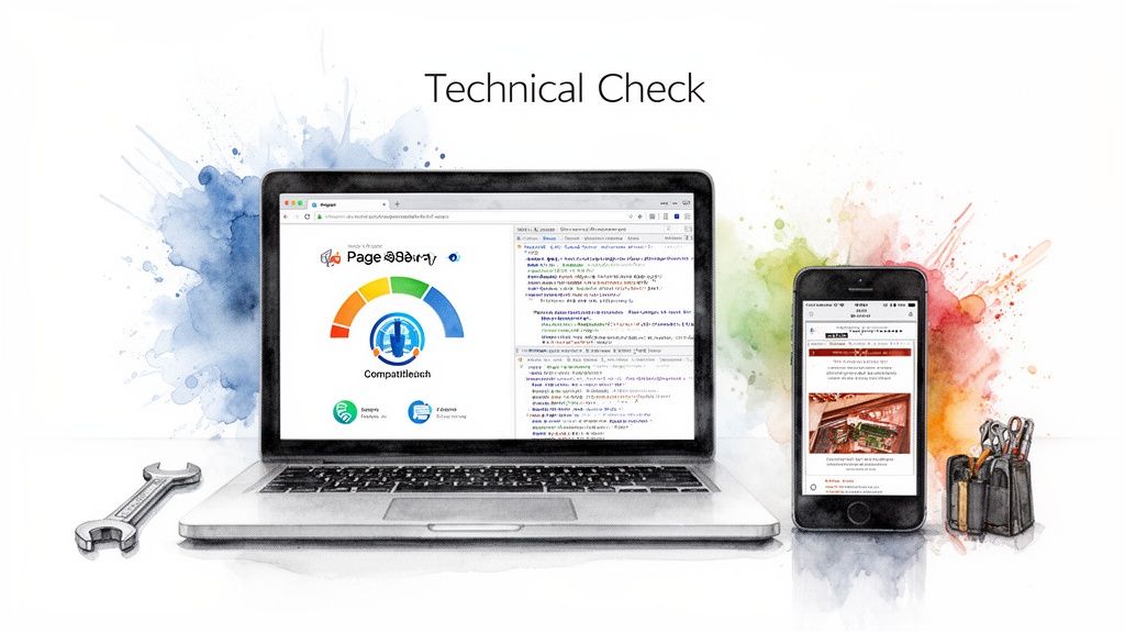Wasserfarben-Illustration eines Laptops und Smartphones mit einem technischen Check und Tools für Optimierung.