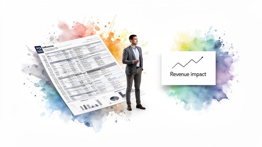 Businessman analyzing a detailed 'Unifoeme' report and 'Revenue impact' data with an upward trend.