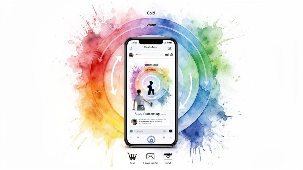 Un smartphone muestra un ciclo de marketing con etapas de prospección inicial, interesada y remarketing, sobre un fondo colorido de acuarela.