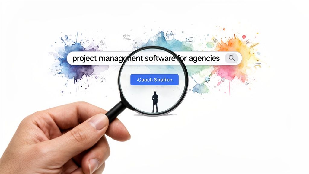 Una lupa enfoca una barra de búsqueda que muestra 'software de gestión de proyectos para agencias'.