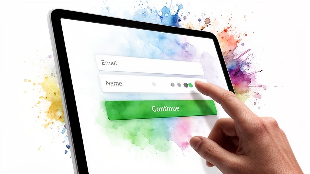 Una mano interactúa con un formulario digital en una tablet, mostrando campos de correo y nombre, sobre un fondo vibrante tipo acuarela.