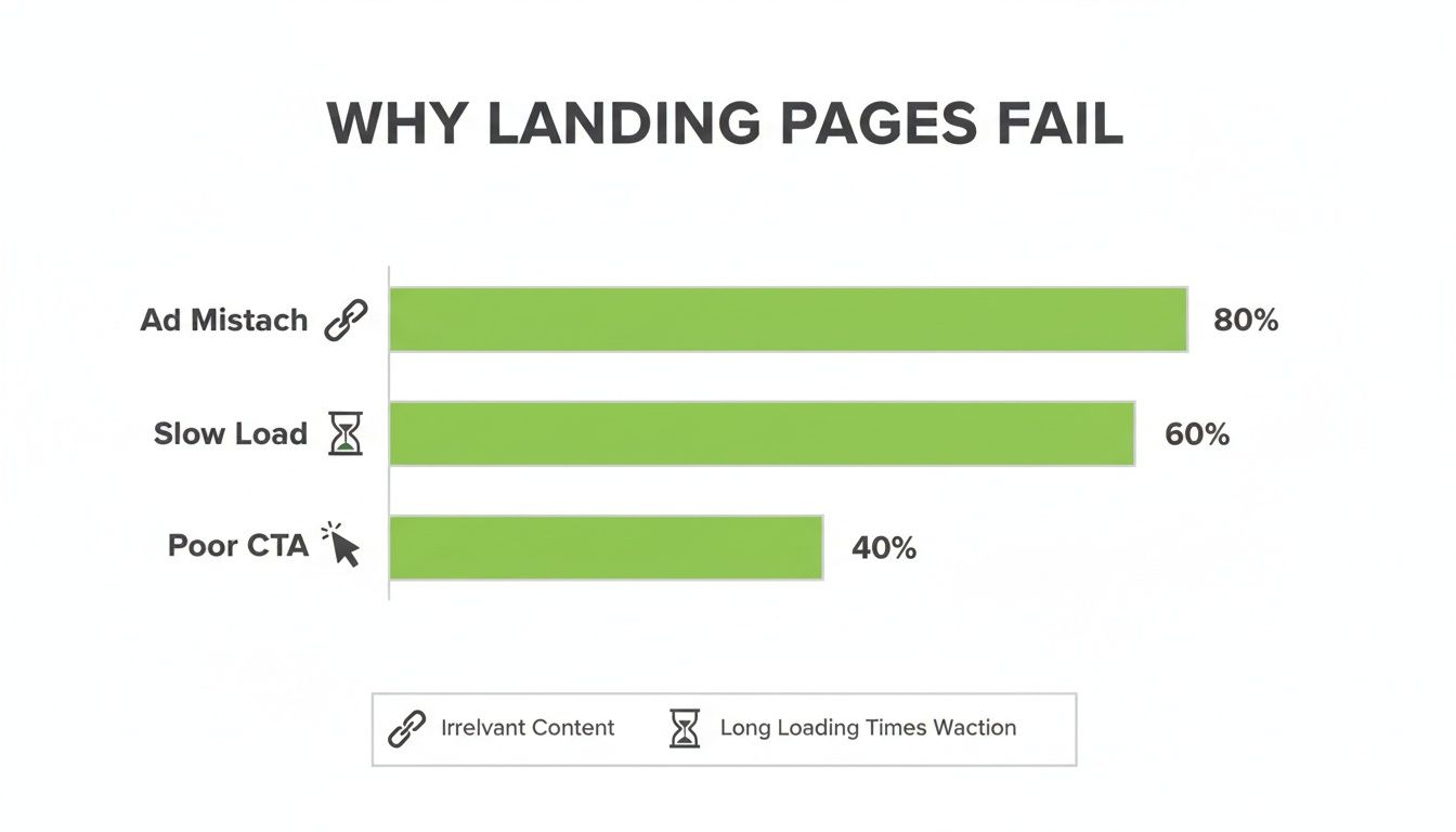 Gráfico de barras que muestra las principales razones por las que fallan las landing pages: desajuste del contenido del anuncio, tiempos de carga lentos y CTA deficiente.