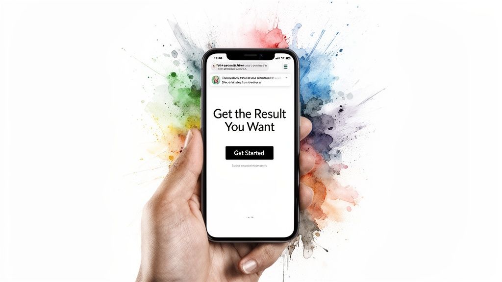 Una mano sostiene un smartphone que muestra una landing page con el texto 'Get the Result You Want' y un botón 'Get Started', sobre un fondo colorido tipo acuarela.