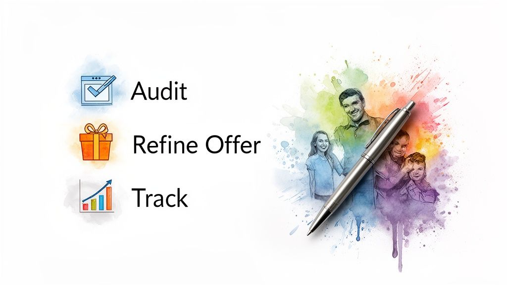 Audit, Angebot verfeinern und die Tracking-Schritte neben einer farbenfrohen Aquarellzeichnung einer Familie und eines Stifts.