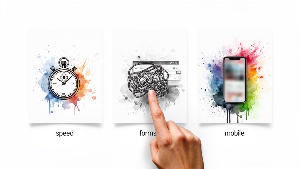 Illustrationen, die Speed, komplexe Formulare mit User-Interaktion und Konzepte zur Bedienbarkeit auf mobilen Geräten darstellen.