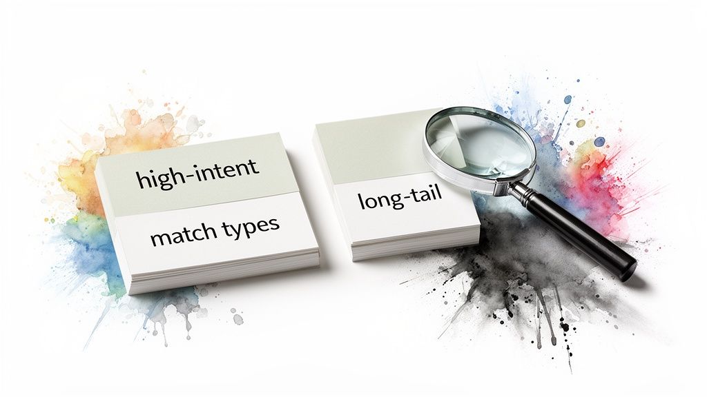 Flashcards showing high-intent match types and long-tail keywords, with a magnifying glass.
