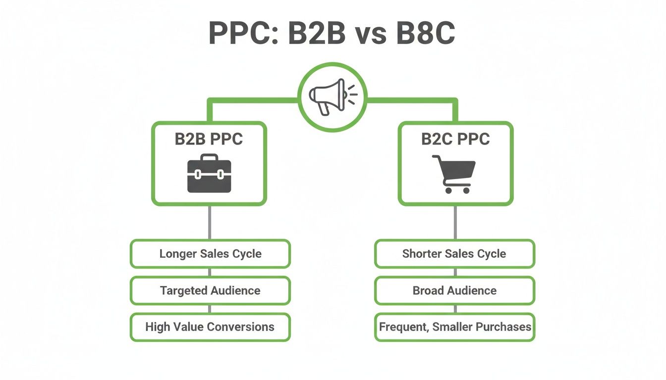Schéma comparant B2B PPC et B2C PPC, détaillant le cycle de vente, l’audience et la valeur d’achat.