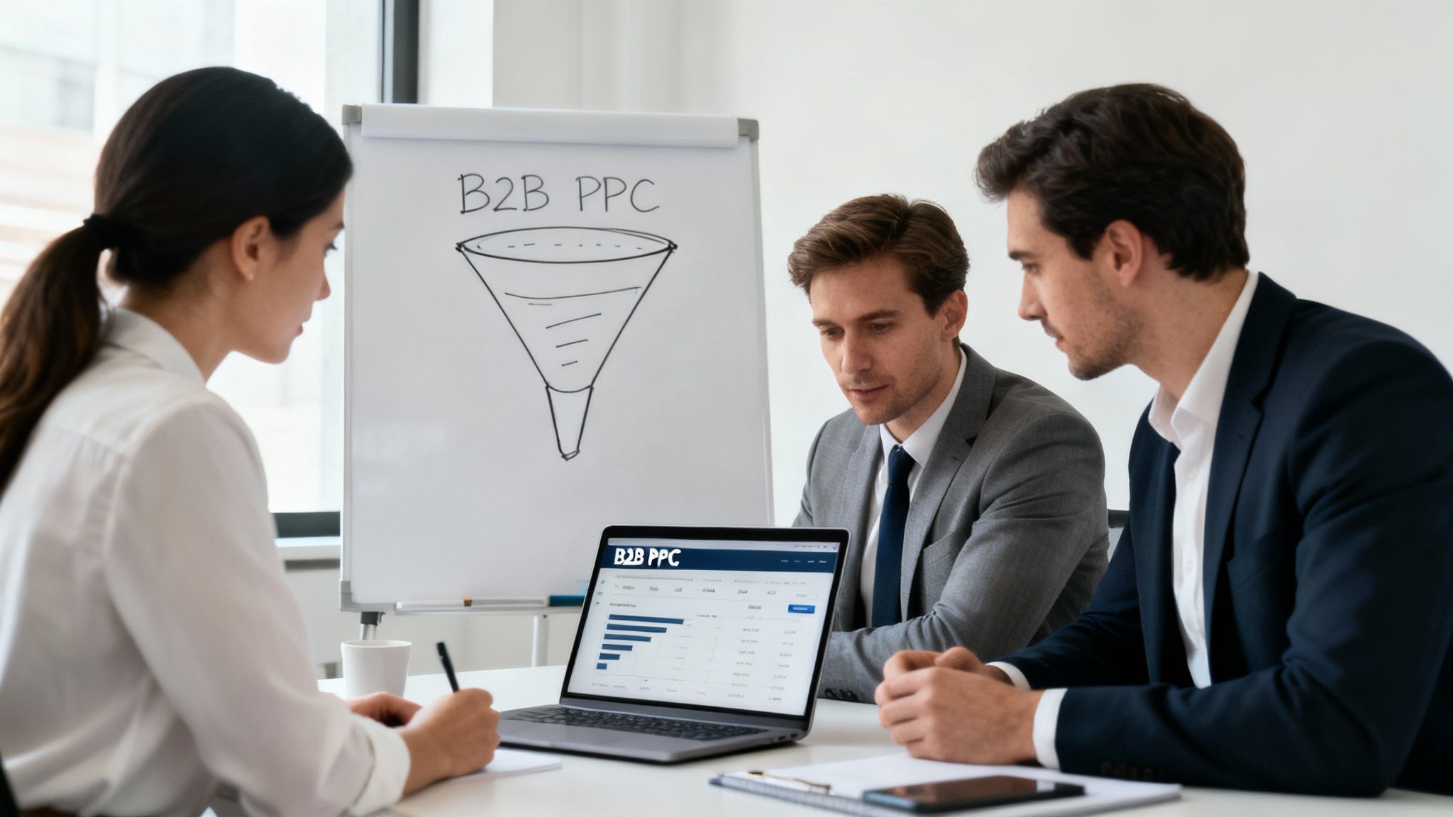 Des professionnels discutent en réunion des stratégies de marketing B2B PPC, avec un tableau de bord et un paperboard.