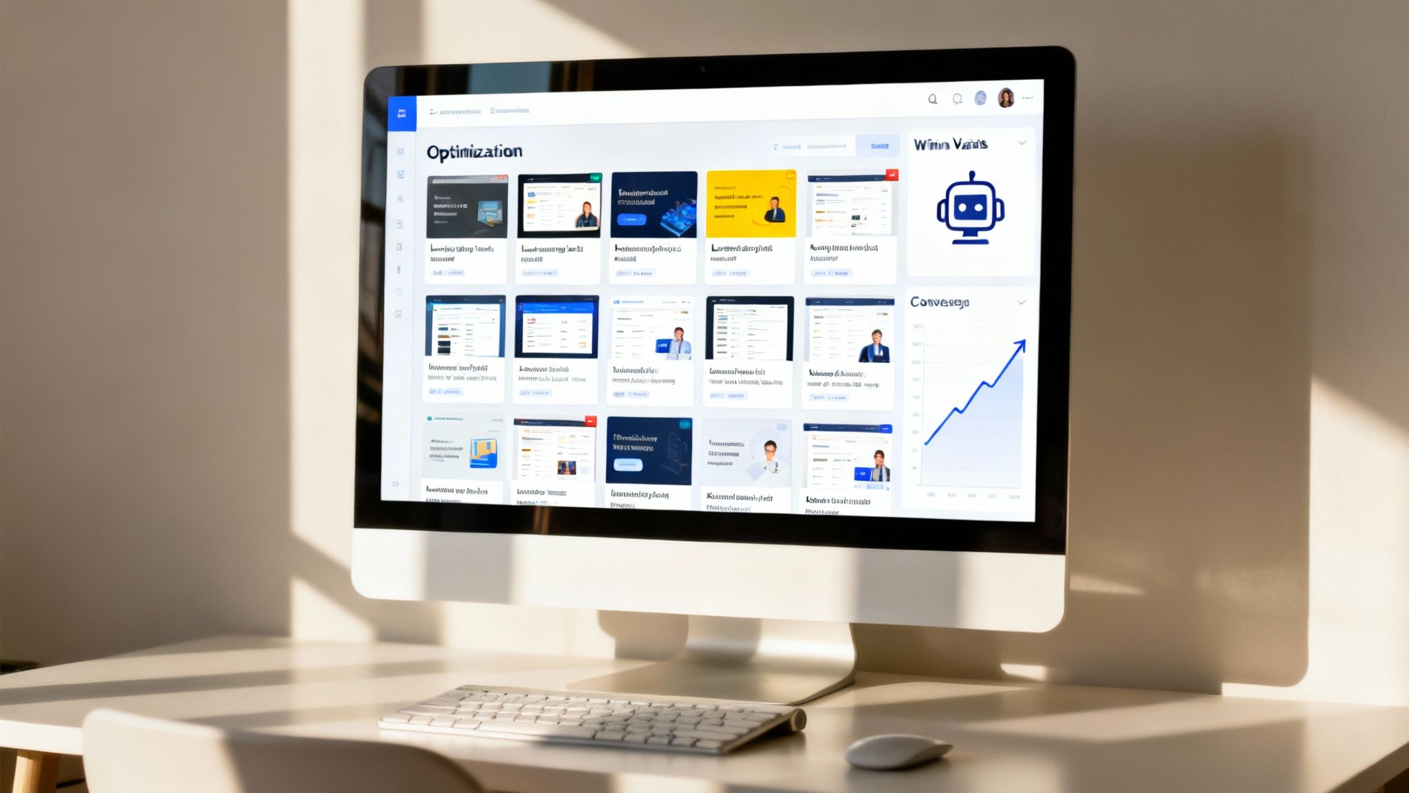 Ein Desktop-Computer zeigt ein „Optimization“-Dashboard mit verschiedenen Website-Layouts und einem „Conversion“-Diagramm.