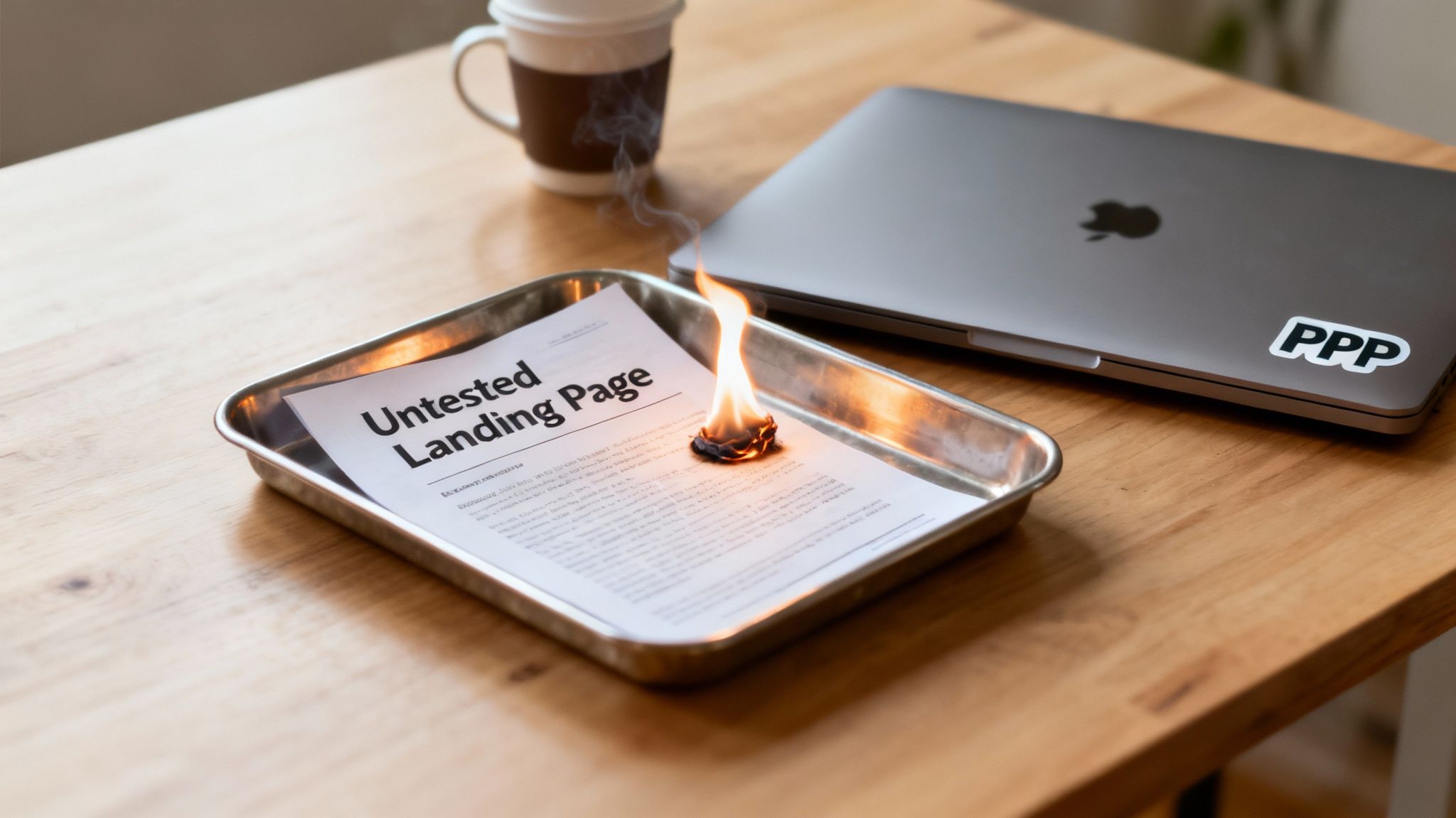 Ein Dokument mit dem Titel "Ungetestete Landing Page" brennt aktiv in einer Metallschale neben einem Laptop und Kaffee.