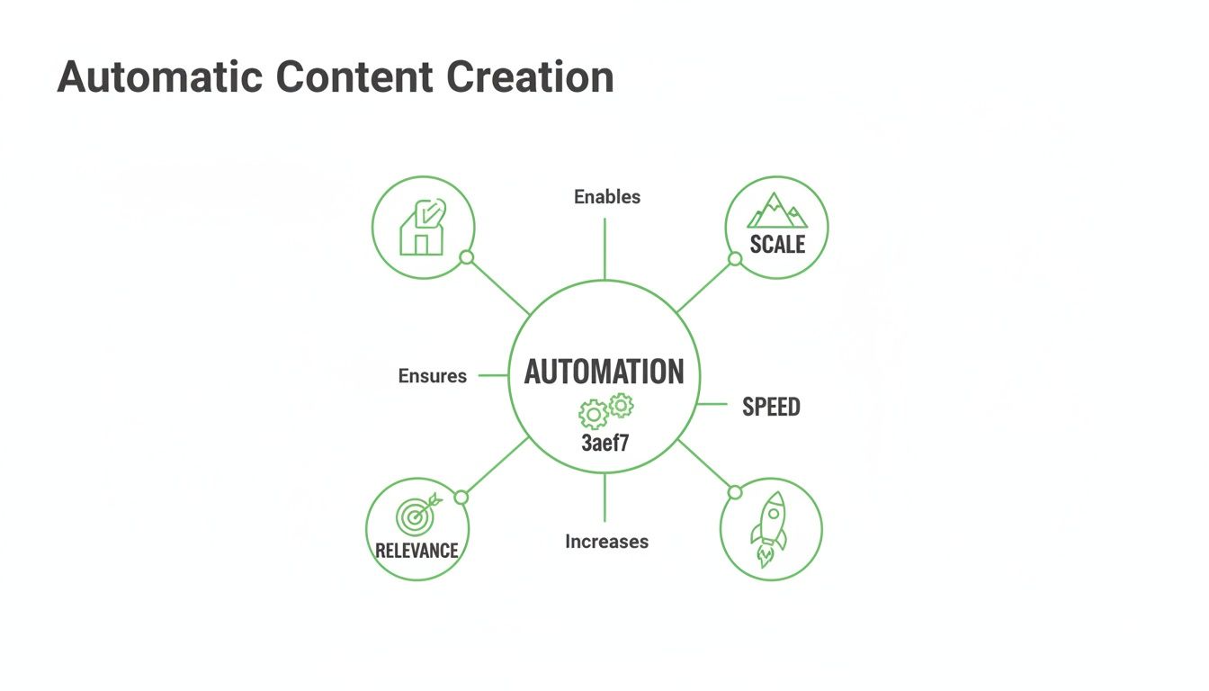 Un schéma illustrant la création automatique de contenu, mettant en évidence comment l’automatisation assure la pertinence, la vitesse et l’échelle.