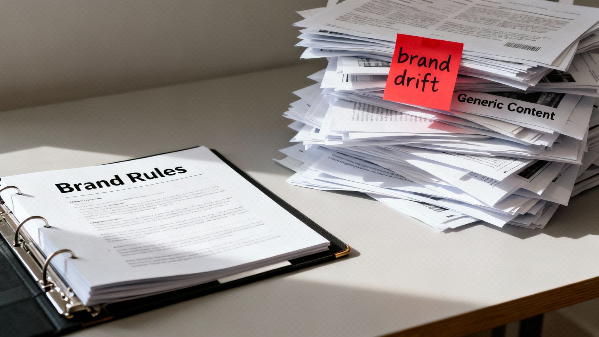 Un classeur avec 'Brand Rules' ouvert à côté d’une pile élevée de papiers 'Generic Content', avec un post-it 'brand drift'.