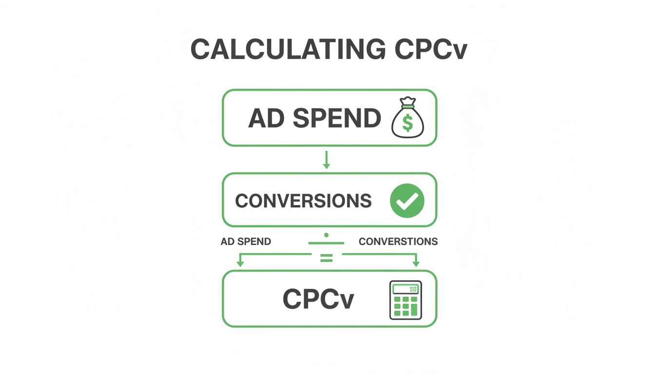 Schéma illustrant le calcul du CPCv à partir des dépenses publicitaires divisées par le nombre de conversions, aboutissant à un Cost Per Converted View.