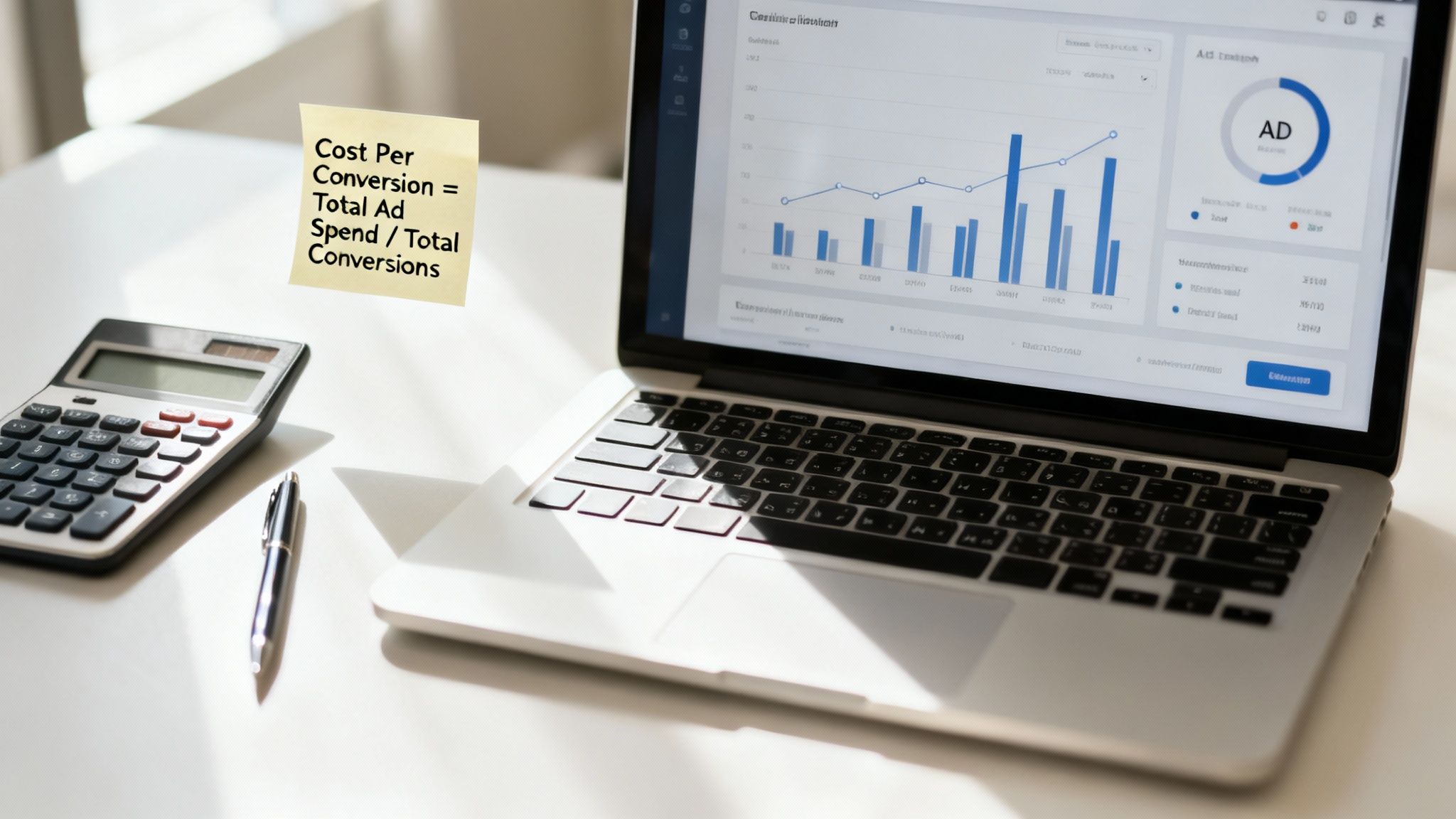 Un bureau avec un ordinateur portable affichant des analyses publicitaires, une calculatrice et une note expliquant le cost per conversion.