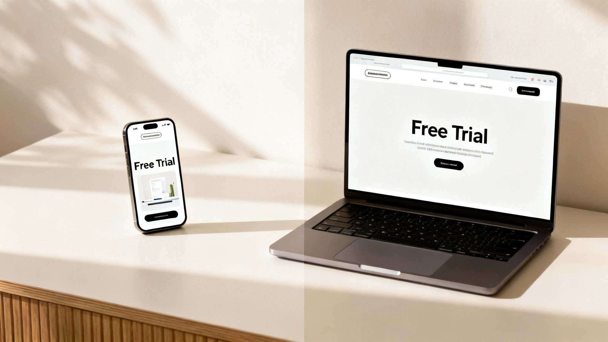 Un smartphone moderne et l’écran d’un ordinateur portable affichant une page “Free Trial” sur un bureau blanc, avec des ombres naturelles.