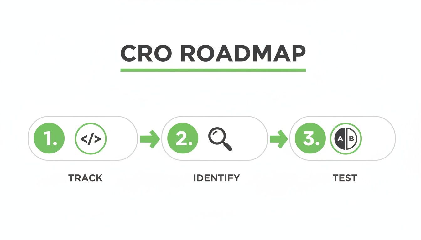 Eine visuelle CRO-Roadmap, die den dreistufigen Prozess track, identify und test zeigt.